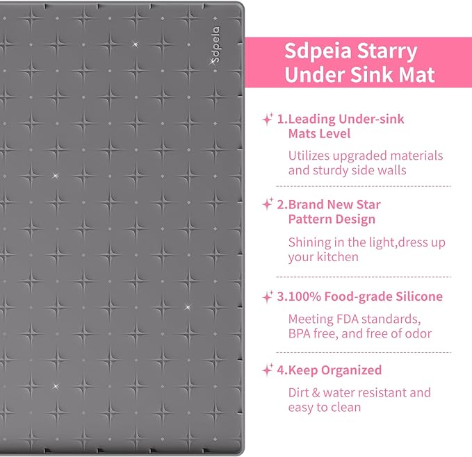 Sdpeia Under Sink Mat 31"×22" Waterproof Silicone Cabinet Liner & Sink Protector for Kitchen & Bathroom, Multi-Purpose Organizers Tray for Pets, Laundry, Cat Litter Mat,Gray