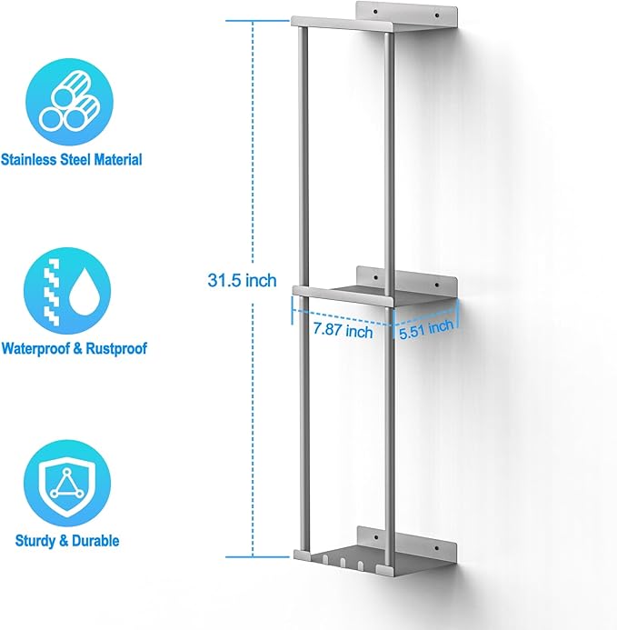 Liuoud Towel Rack Storage for Bathroom, Wall Mounted Vertical Rolled Towel Organizer Holder with Shelf, Holds Up 6 Large Bath Sheets, Silver Grey
