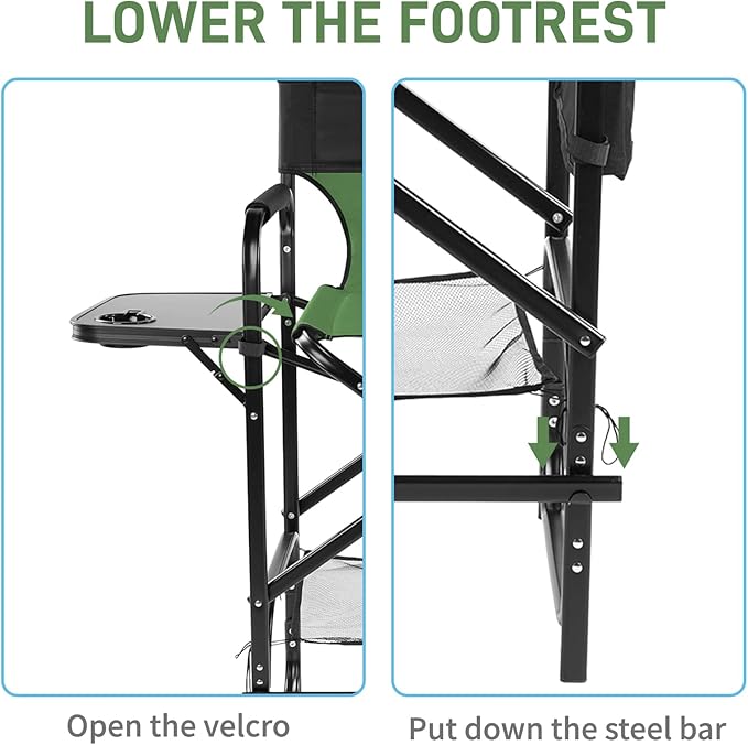 Outvita 31" Tall Directors Chair Height Seat Folding with Side Table Storage Bag, Support for 300Lbs Portable Makeup Artist Chair with Bar Height(Dark Green/Black)