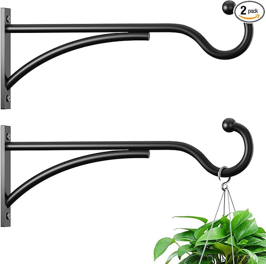 8 Inch 2 Pack Heavy Duty Plant Hangers Outdoor, Metal Plant Brackets for Hanging Baskets, Plant Wall Hooks for Bird Feeders, Wind Chimes & Lanterns, Premium Metal Hooks Matte Black, 30lbs Capacity
