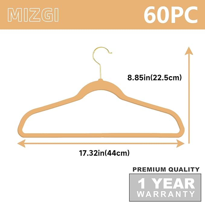 MIZGI Camel Velvet Hangers, 60 Pack - Premium Gold, Non-Slip Coat & Suit Hangers, Space Saving