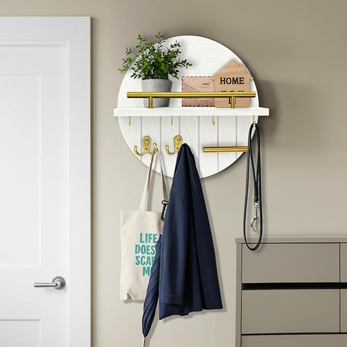 OurWarm Key Holder Wall Mount, 11.8 Inch White Decorative Key and Mail Holder Organizer with 8 Key Hooks, Round Wooden Key Rack Key Hanger with Shelf for Wall Entryway Boho Home Decor