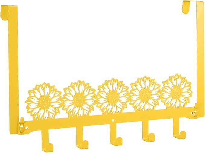 AceOrbit Sunflower Over the Door Hooks Coat Rack Wall Mounted Decorative Yellow Metal Hanger Sunflower Wall Art Decor Key Holder with 5 Hooks for Coat, Towel, Hat, Bag, Bathroom Home Kitchen Office