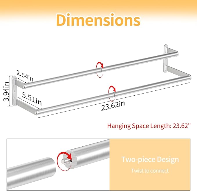 Double Towel Bar 24 Inch, Towel Rack for Bathroom, Stainless Steel Double Bath Towel Rack Wall Mounted, Bathroom Towel Holder Towel Rod for Wall, Brushed Nickel