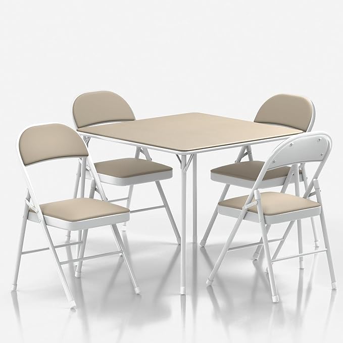 VECELO 5-Piece Folding Card Table Square and Chair Set with Collapsible Legs & Vinyl Upholstery,Portable for Indoor & Outdoor, Beige
