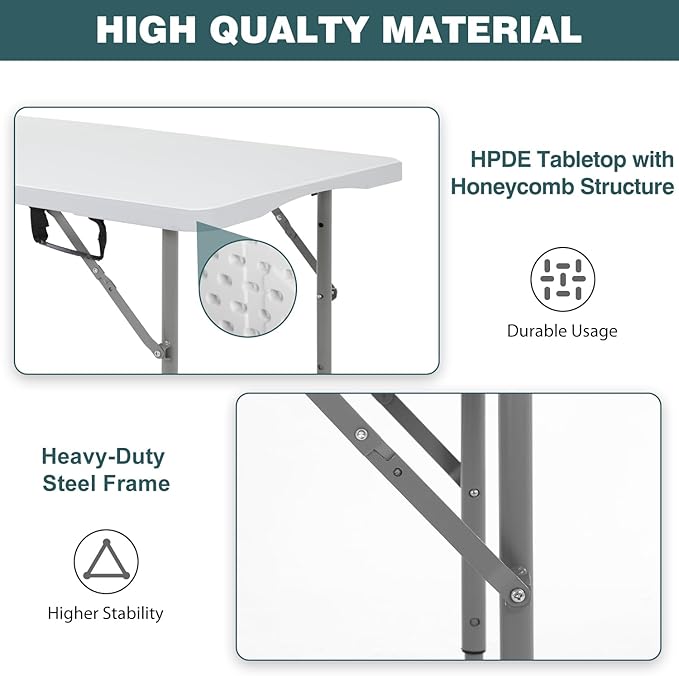 FDW 4 Foot Outdoor Dining Table, Foldable Portable Rectangular Plastic Folding Table with Built in Carrying Handle and Height Adjustable for Party and Wedding Use, White