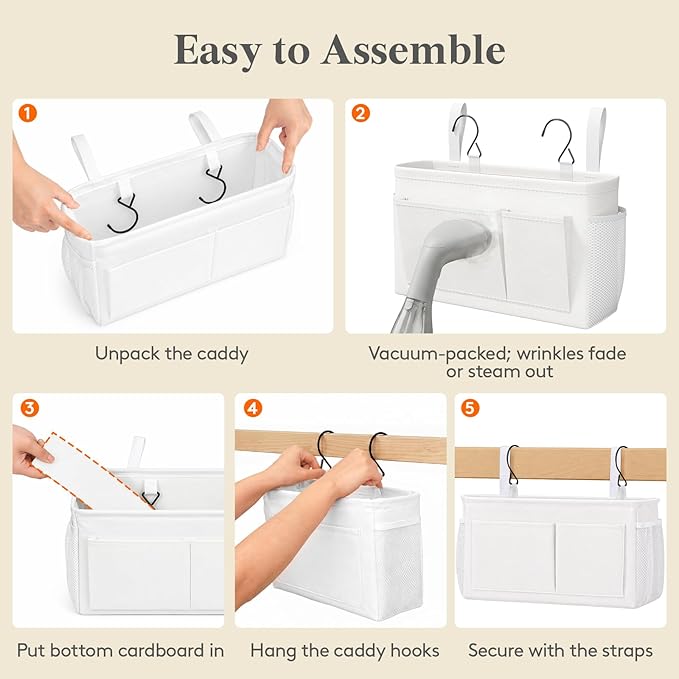 Lifewit Bedside Caddy Storage Organizer, Hanging Storage Bag with Fixed Straps, Book Remotes Holder for Home, College, Dorm, Bunk, Hospital, Crib Bed Rails, Large, White