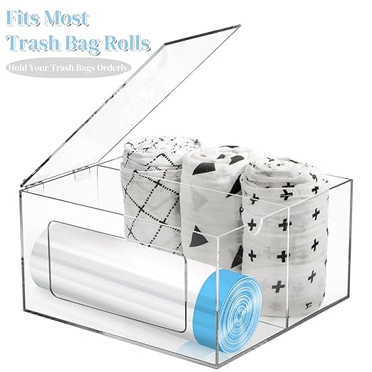 Acrylic Trash Bag Dispenser Holder, 2 in 1 Garbage Bag Roll Holder Under Sink, Standard Grocery Bags Storage Container with Lid, Laundry Storage Organizer Bin for Kitchen, Bathroom, Pantry