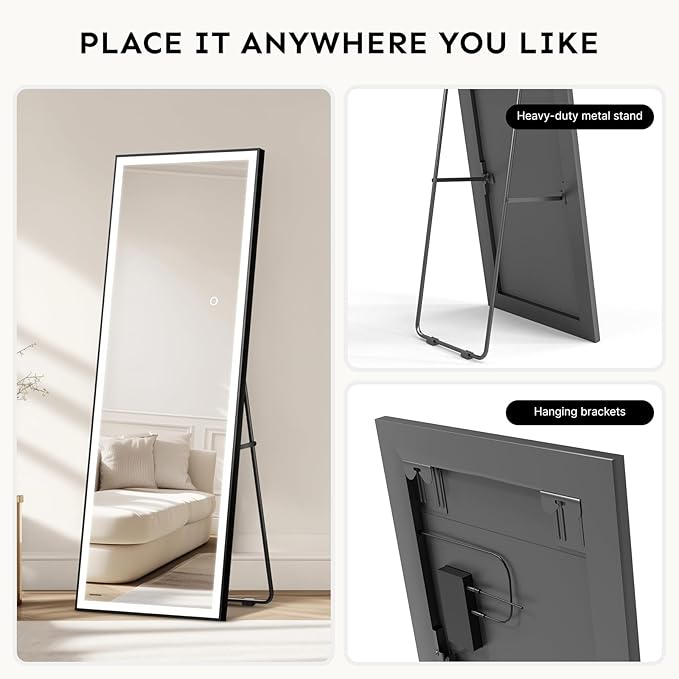 Kosmonia 56×18 LED Full Length Mirror with Lights - Wall Mounted Vertical Vanity Mirror for Bedroom & Bathroom, Full Body Backlit, Adjustable Brightness, Tempered Glass
