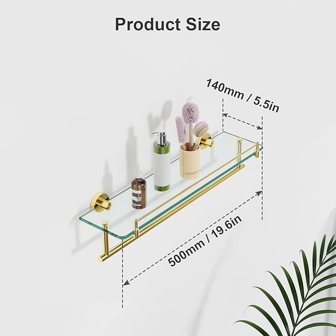 20 Inch Brushed Gold Bathroom Towel Rack with Tempered Glass Shelf, Wall Mounted Towel Holder Storage Organizer for Bathroom