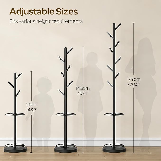 YATINEY Coat Rack Freestanding with Umbrella Holder, Coat Rack Stand with 8 Hooks, Heavy Duty Coat Tree for Entryway, Modern Clothing Rack, Metal Coat Hanger Stand for Bedroom, Office, Black YM03BB