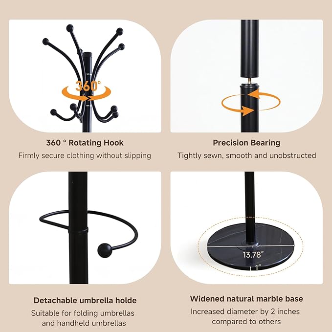 Metal Coat Rack Freestanding with Natural Marble Base, 360° Roraty Coat Rack Stand with 16 Hooks & Umbrella Holder, Black Heavy Duty Coat Rack for Coats Hats for Entryway Bedroom (Black)