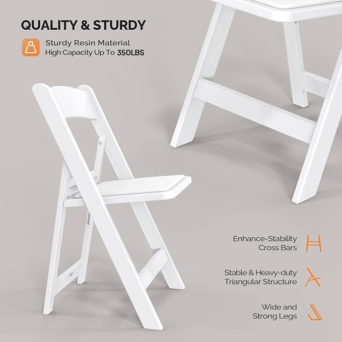 VINGLI Resin Folding Chairs with Cushion, Foldable Plastic Chair with Comfortable Padded Seats, Perfect for Event Party Indoor Outdoor, White, 8 PC