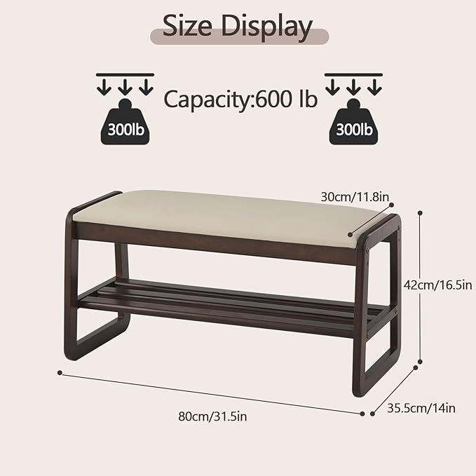 Achicsofar Shoe Rack Bench,2 Tier Wooden Entryway Bench with Shoe Storage, Shoe Rack with Cushion for Living Room, Hallway(Pu Beige, 31.5")