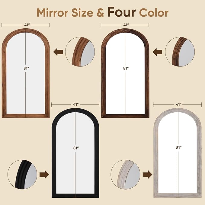 Full Length Mirror, 81"x41" Wooden Mirror Full Length with Stand Wood Floor Mirror, Oversized Stand Up Mirrors Large Wall Mirrors, Wall Mounted Mirrors, Arched Wood Style, White