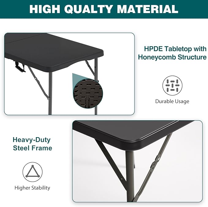 FDW 4 Foot Outdoor Dining Table, Foldable Portable Rectangular Plastic Folding Table with Built in Carrying Handle and Height Adjustable for Party and Wedding Use, Black