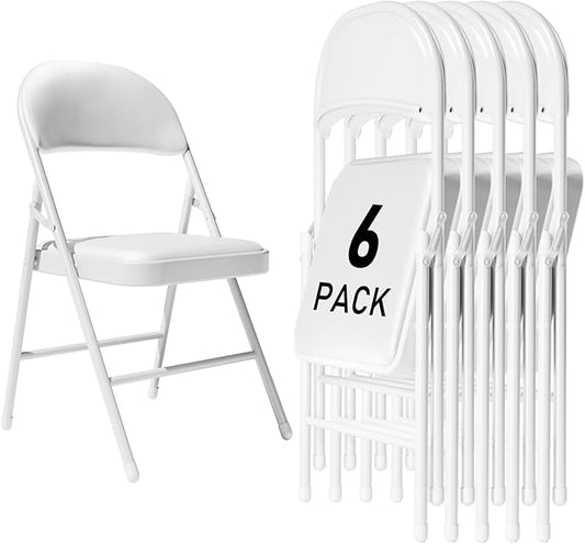 6 Pack White Folding Chairs with Padded Cushion and Back for Outside Portable Stackable Commercial Foldable Chairs with Steel Frame for Events Office Wedding Party, 350lbs Capacity