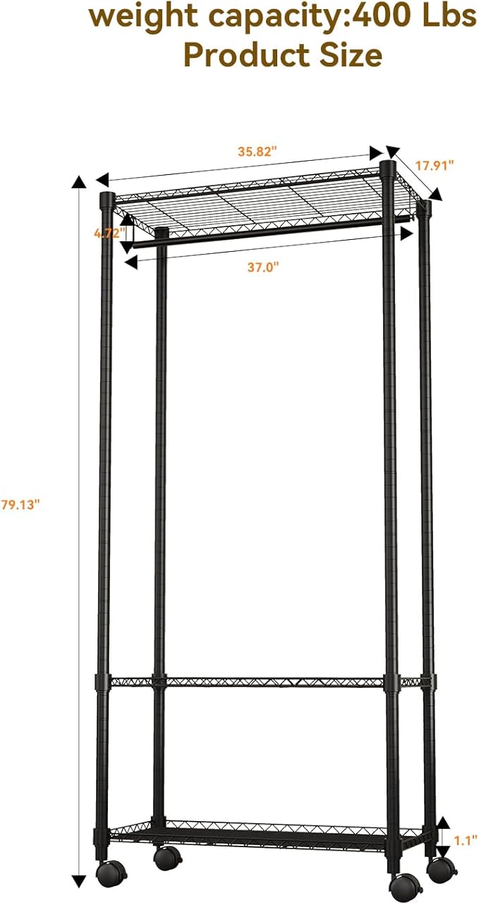 Moogiitools Heavy Duty Rolling Garment Rack 3 Tiers Adjustable with 25mm thick iron pipe,Freestanding Wardrobe Closet Storage Metal for Clothing Hanging （Set of 4 Brake Caster Wheels Included)