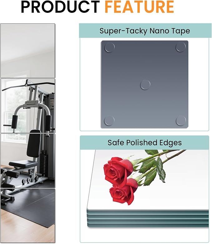 12Pcs 12″×14″ Glass Gym Mirror for Home Gym, HD Wall Mirror Tiles for Home Gym, Bedroom, Living Room, Door, Closet