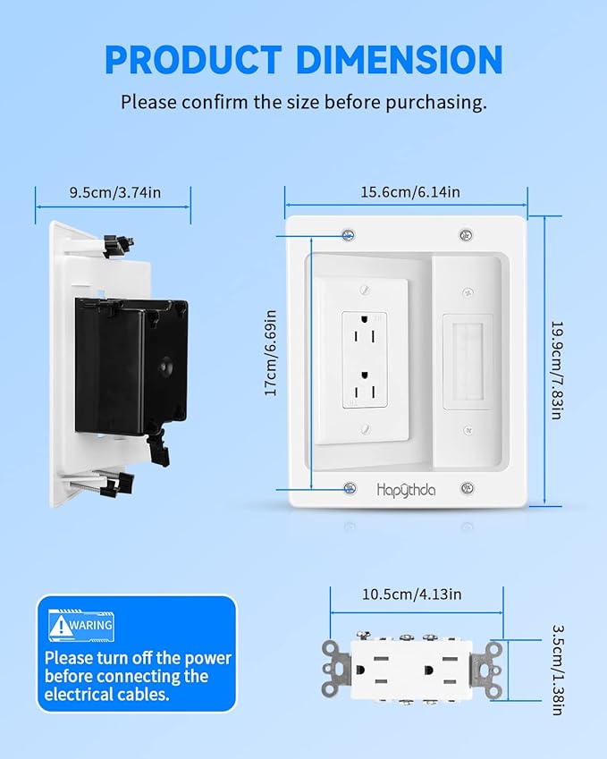 Recessed Outlet Box for Wall Mount TV, Behind TV Outlet Box with Dual Power Receptacle, in Wall Cable Management Kit, TV Cord Hider for Home Office, White