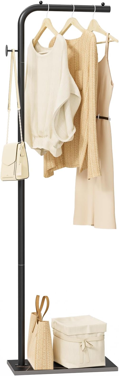 OUTBROS Coat Rack, Portable L-shaped Clothes Rack with Hook, Modern Hanger, Sturdy Freestanding Metal Clothing Rack, Used in Bedroom, Entrance and Living Room, 15.3x10.2x70.8 inch, Black