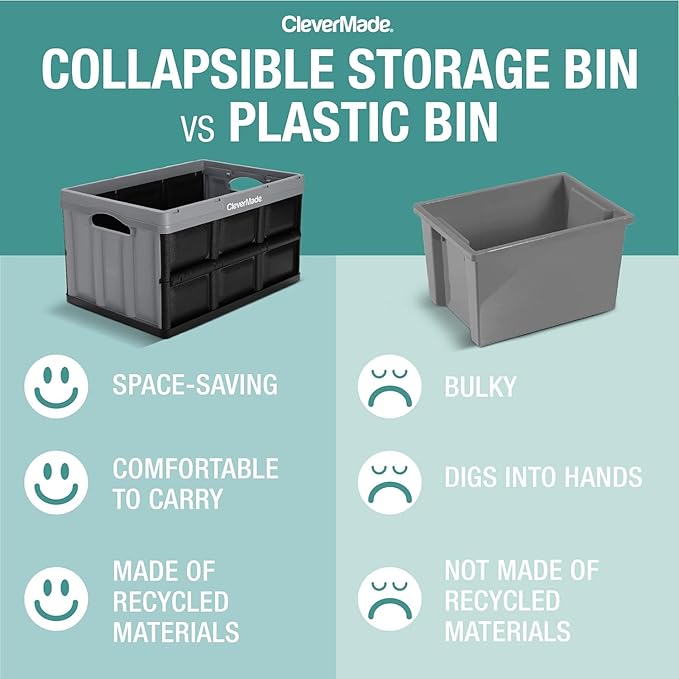 CleverMade Collapsible Storage Bins 32L 3 Pack – Heavy Duty Foldable Storage Bins with Built-In Handles for Garage Storage and Home Organization - Stone