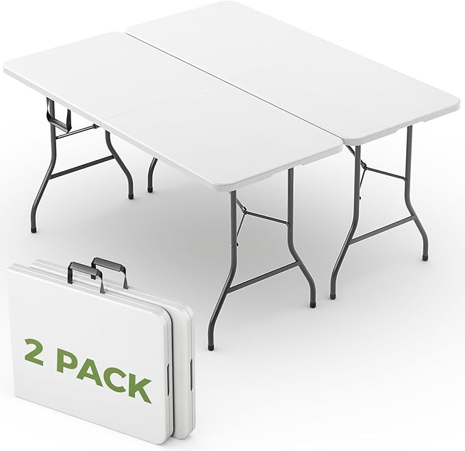 Folding Table 2 Pack, 6 FT Foldable Plastic Table with Carrying Handle, Heavy Duty Portable Fold-in-Half Utility Table for Party, Camping, Banquet, Craft, Wedding, Indoor & Outdoor Use