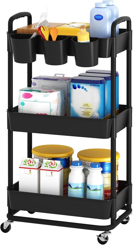 3-Tier Baby Diaper Caddy Organizer Cart with Locking Wheels & Hanging Cups - Rolling Storage Cart for Nursery, Changing Table, Baby Essentials, Black