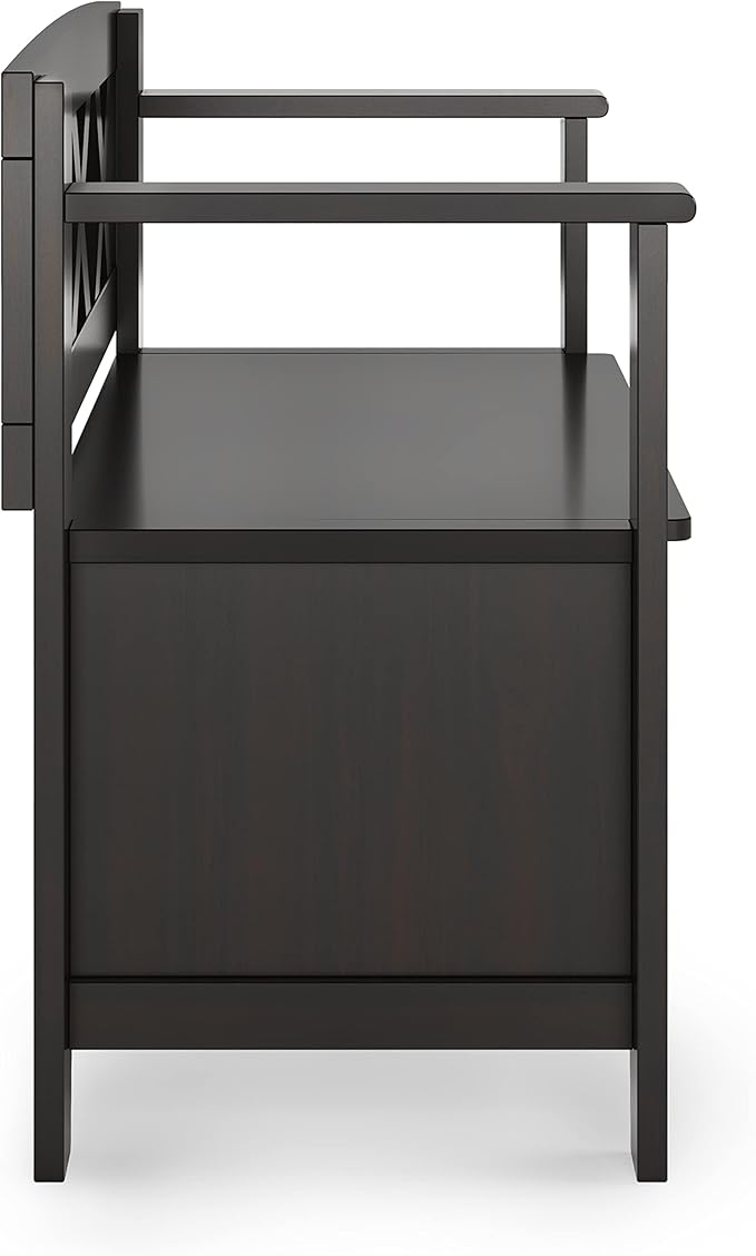 SIMPLIHOME Amherst Entryway Storage Bench - 36 inch Wide Solid Wood Hallway Bench in Hickory Brown, Transitional Bench for Entry or Mudroom with Lift-Up Lid, Storage Compartments and X-Back Detail
