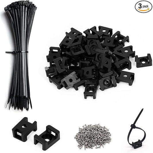 120 Set Black Cable Zip Tie Mounts Kit Wire Clips Organizer Holders Clamps with 0.9Inch Saddle Type Mounts Base with 8" Ties and Tapping Screw