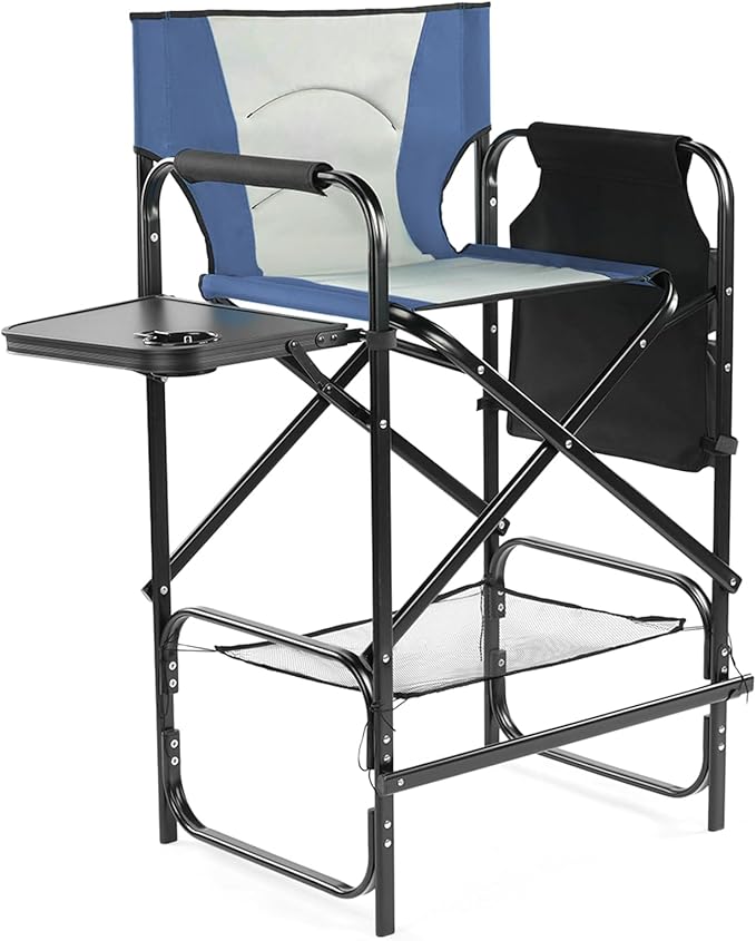 Outvita 31" Tall Directors Chair Height Seat Folding with Side Table Storage Bag, Support for 300Lbs Portable Makeup Artist Chair with Bar Height(Blue/Grey)