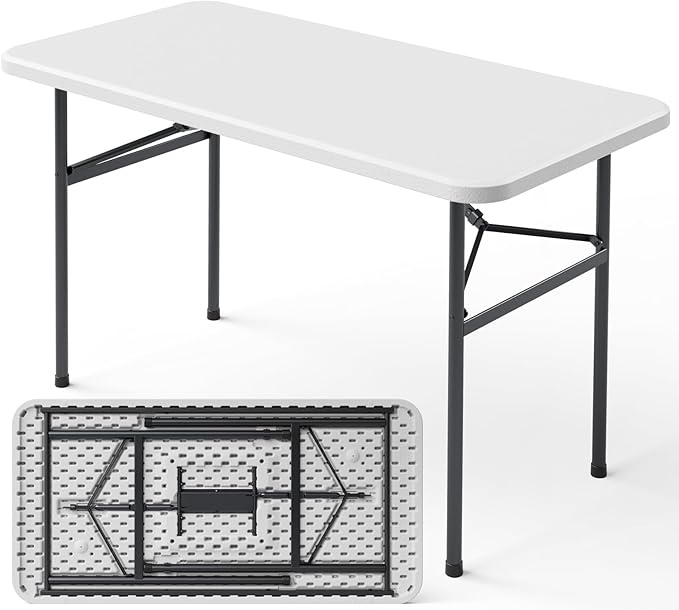 Folding Table, 4ft Folding Table with Foldable Steel Legs, Heavy Duty Plastic Foldable Table, Metal Frame Supports up to 400 lb, Portable for Banquet, Craft, Party, Indoor & Outdoor Use, White