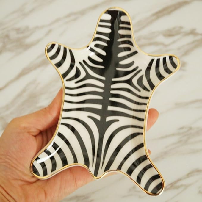 Zebra Stripe Jewelry Tray Ceramic Dishes Plate Gilded 5.9", Gold (Black)