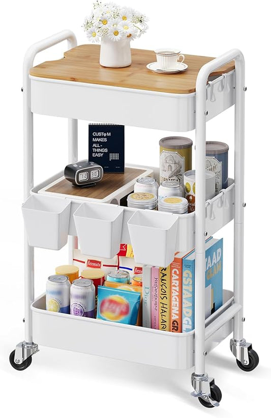 3 Tier Rolling Cart with Wood Table Top, White Bedside Cart on Lockable Wheels, Metal Utility Storage Organizer Carts for Kitchen, Art, Craft, Nail, Salon, Lash, Nursery, Bathroom, Baby Diaper Caddy