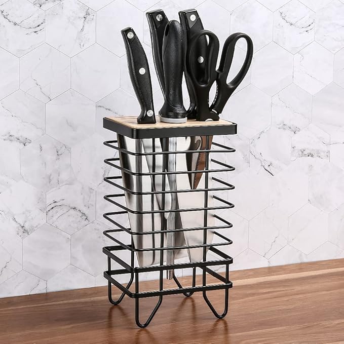 LINFIDITE Knife Block Holder Universal Kitchen Knife Organizer Storage Stand 8 Slots Top Hollow Iron Wire Safe to Use Different Size Shape Knife Sharpeners Scissors Kitchen Countertop Black