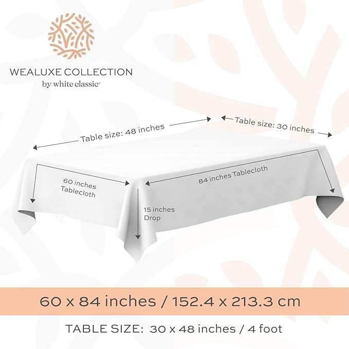 WEALUXE 2 Pack White Kitchen Table Cloth for Folding Table 4ft [ 60x84 in ] Rectangle Tablecloth Set, Stain and Wrinkle Resistant Washable Polyester Table Cover for Dinner Table, Wedding, Party