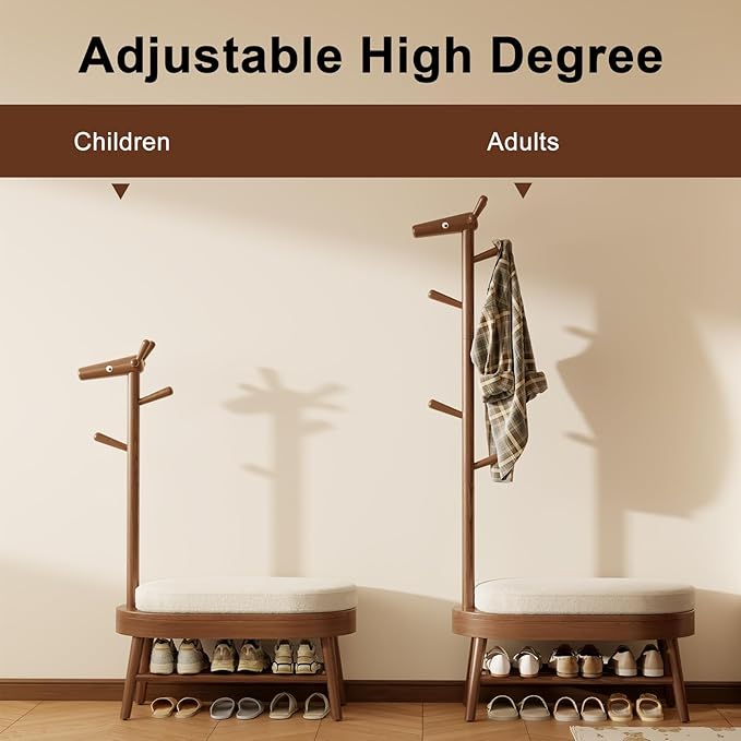 AQIMUELE Entryway Shoe Rack with Coat Rack, Wooden Shoe Bench with Upholstered Cushion, 3-in-1, 2-Tier Shoe Storage and Cute Animal Hooks for Entryway, Hallway, Closet (Walnut 32.2")