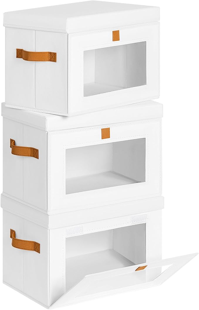 Homsorout Medium Fabric Storage bins - Closet Shelf Organizer with Open Window, 3 Pack Closet Baskets for Shelves, Stackable Decorative Boxes for Home, Dorm, White, 13.7" x 9.8” x 9.8"