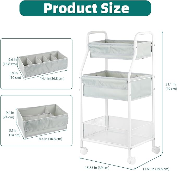 Moteph Rolling Utility Cart with Wheels, 3-Tier Diaper Cart, Rolling Nursery Cart & Baby Caddy Organizer for Nursery Essentials, Bedside/Postpartum Cart, Craft & Art Storage, Rolling Book Cart