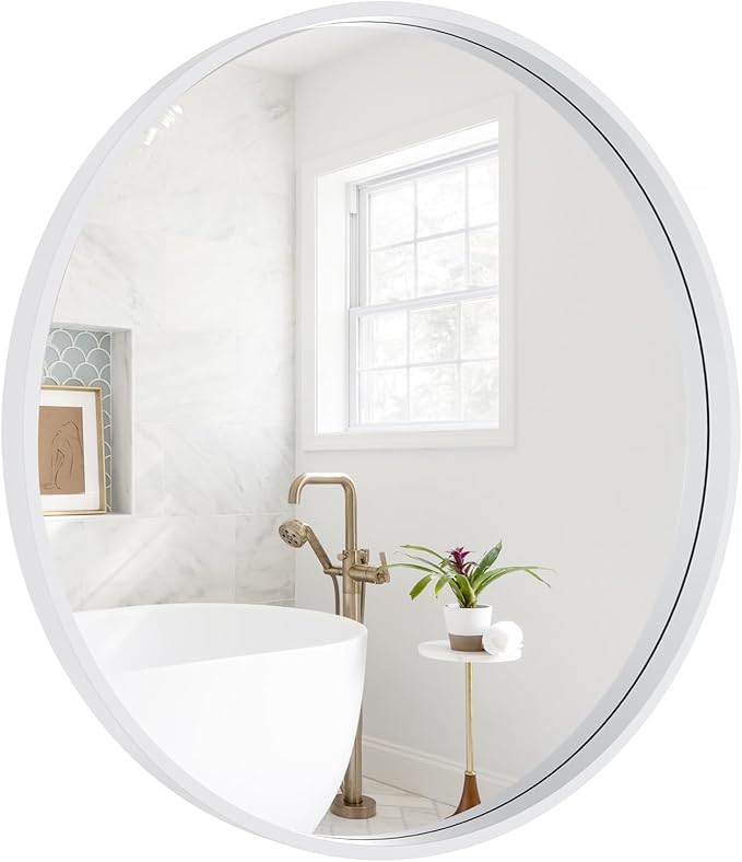 HOMECOOKIN Round Wood Mirror, 31" Round Bathroom Wall Mirror Circle Mirrors for Wall Decor, Vanity, Living Room, Bedroom, Entryway, White