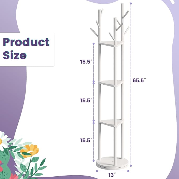 Rotating Coat Rack, Freestanding Coat Rack with 3 Shelves and 9 Hooks Clothes Organizer Coat tree for Bedroom, Entryway, Livingroom (Black)