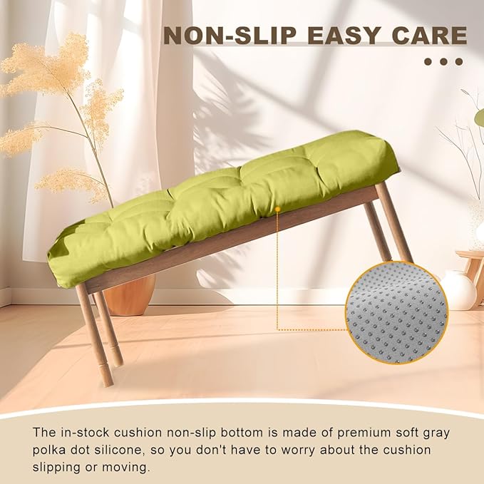 Bench Cushion 48 inches,Indoor/Outdoor Non-Slip Tufted Cushions, Premium Waterproof Linen, Soft Piano Sofa Cushions, High-Density Memory Foam(Green-48x16 x 4 in)