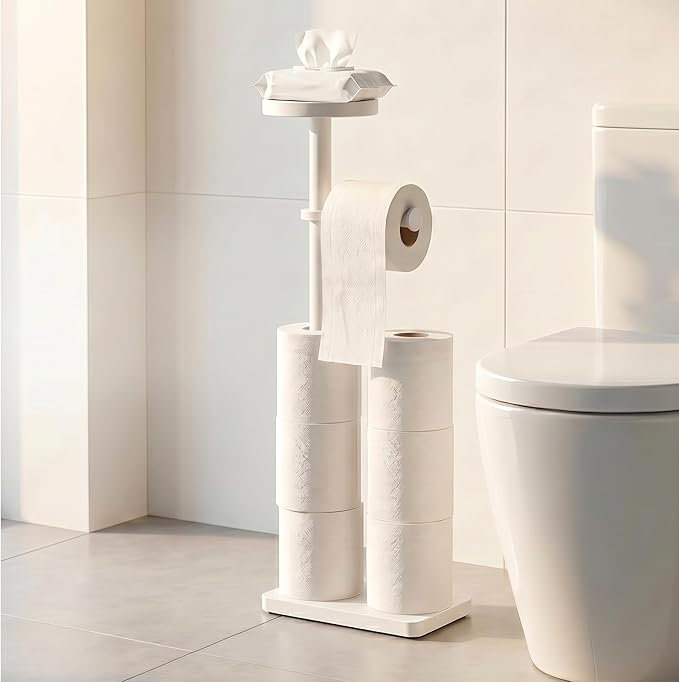 Toilet Paper Holders Free Standing, Holds up to 7 Rolls Toilet Paper Stand with Storage, Bathroom Toilet Paper Organizer with Top Shelf for Small Items, 1-Min Rotating-Lock Assembly, White,L