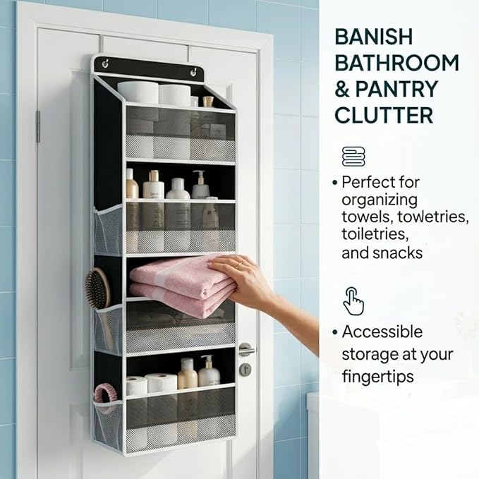 SUREMAX 42.5" Over The Door Organizer, 40 Lbs Heavy Duty Anti-Tilt Behind Door Storage with 4 Large Pockets and 6 Side Mesh Pockets, Hanging Closet Organizer for Bathroom, cabinet, Nursery and Pantry