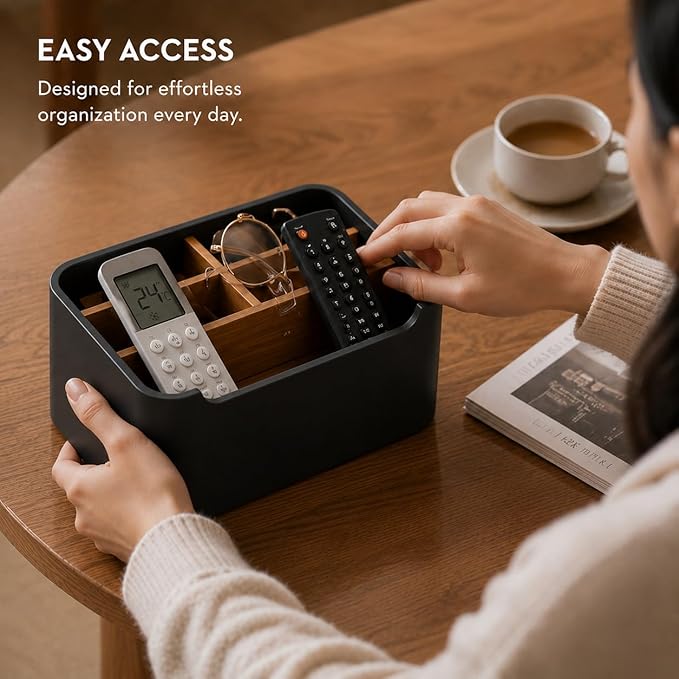 Remote Control Holder with Removable Wood Compartments for Media Devices, Desktop Stationery, and Bedside Nightstands, Black