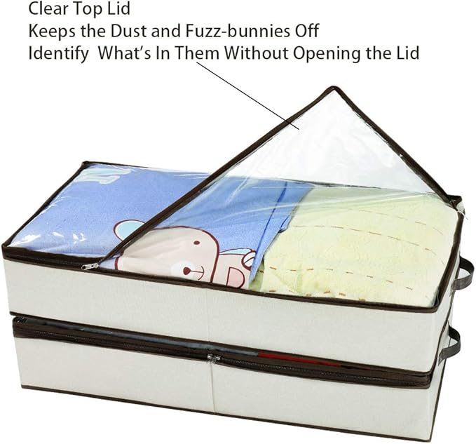 HOONEX Under Bed Storage Containers Zippered Clear Top Lid, Outer Linen Fabric, Reinforced Frame and Sturdy Bottom, 2 Leather Carrying Handles, 2 Pack, Beige