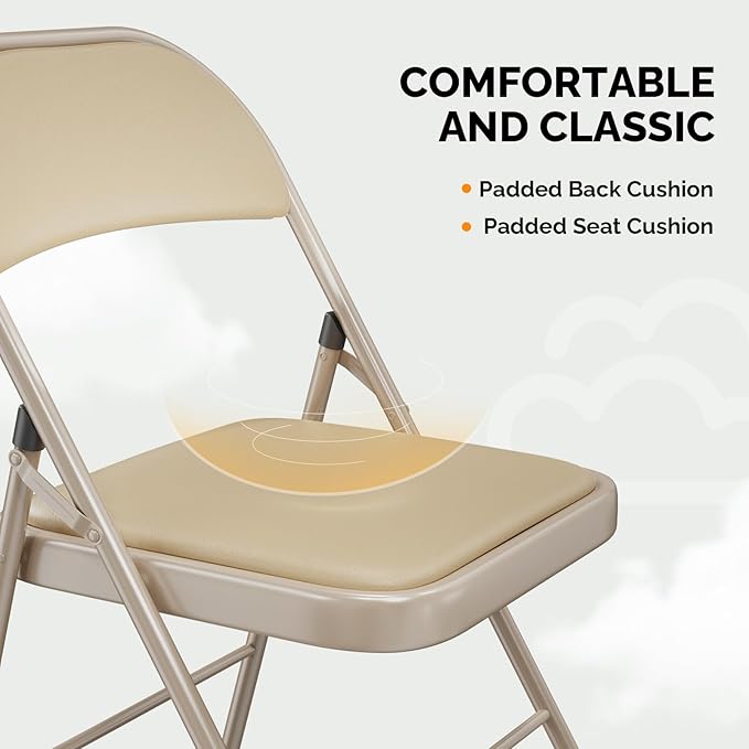 VINGLI 1 Pack Folding Chairs with Padded Seats, Metal Frame with Pu Leather Seat & Back, Capacity 350 lbs, Set of 1, Khaki