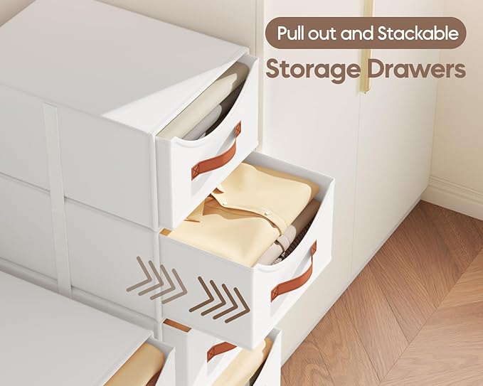 Homsorout Stackable Storage Drawers - Collapsible Storage Bins with Drawers, 4 Pack Closet Shelf Organizer Basket, Fabric Pull Out Organizer for Bedroom, Living Room, Dorm, White