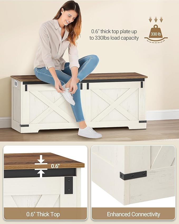 Hzuaneri 47.2" Storage Chest, Large Storage Trunk with 2 Hinges, Farmhouse Wooden Box Bench, Lift-Top Organizer Chest, Entryway Trunk for Bedroom, Living Room, White and Brown SB12114X