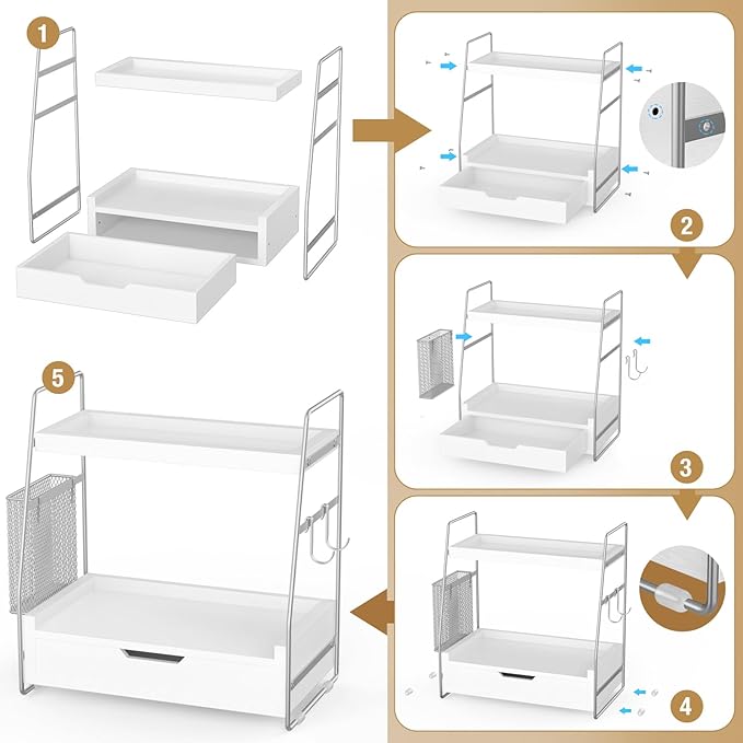 2-Tier Bathroom Counter Organizer with Drawer and Removable Basket, Wood Vanity Countertop Storage for Perfume, Makeup, Skincare, Bathroom Counter Shelf, Moisture-Resistant, Silver